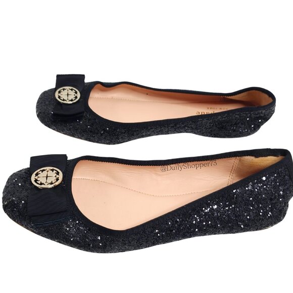 Kate Spade Womens Black Glitter Ballet Flat With Ribbon & Gold Toned Medallion - Picture 3 of 7